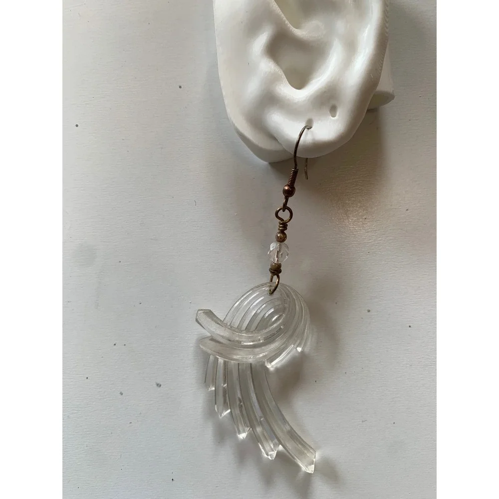Vintage Clear Lucite Wing Dangle Earrings Art Deco Revival Ribbed Acrylic Drops